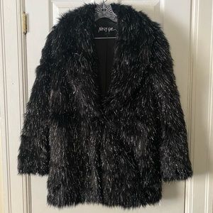 Nasty Gal Black Faux Fur and Silver Glitter Peacoat